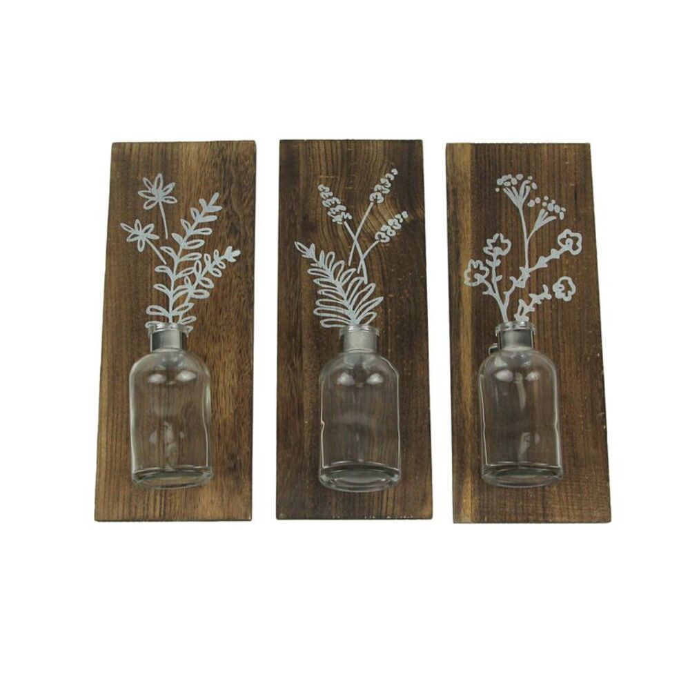 Set of 3 Wood Framed Glass Bottle Wall Vases Bohemian Style Boho Decor